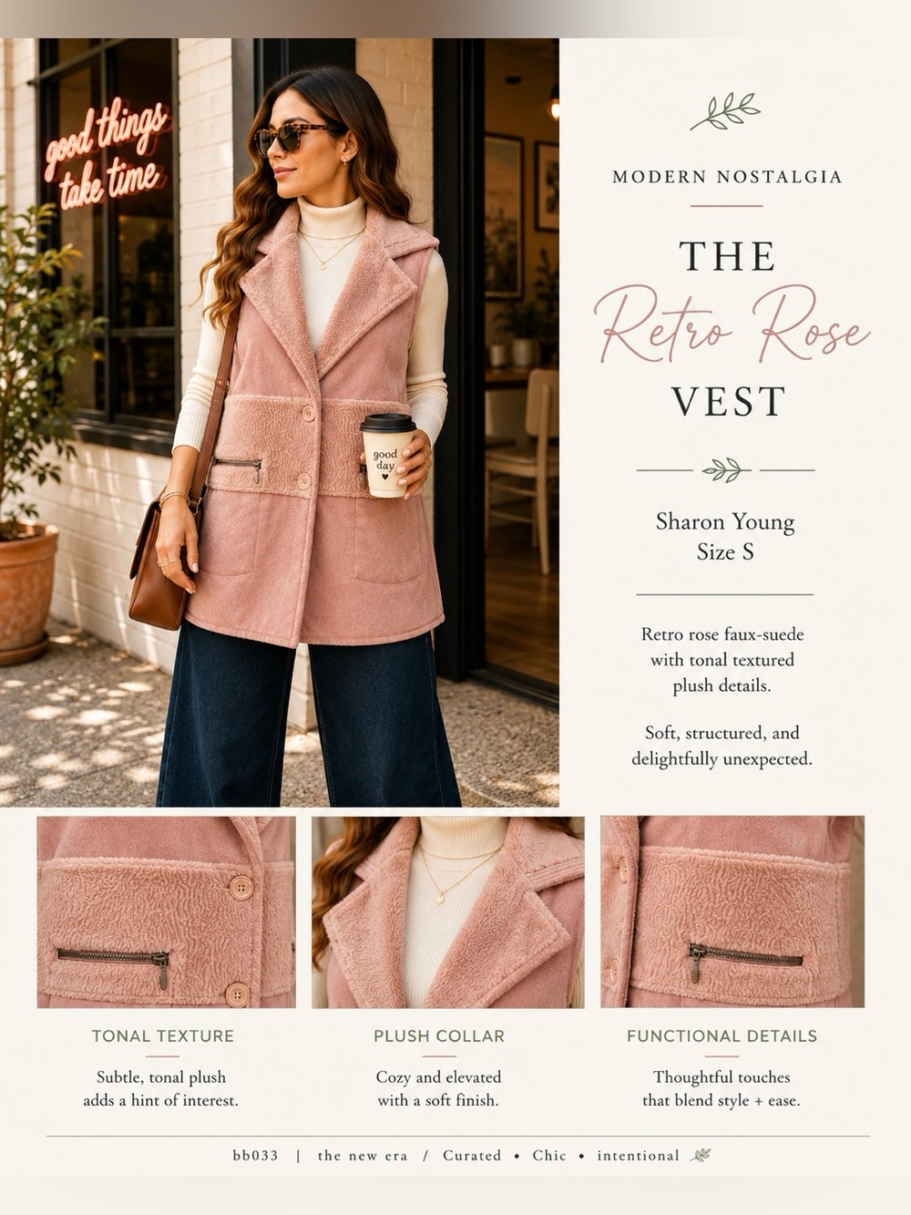 Sharon Young Dusty Rose Faux- Suede Tonal Plush Vest | Size Small